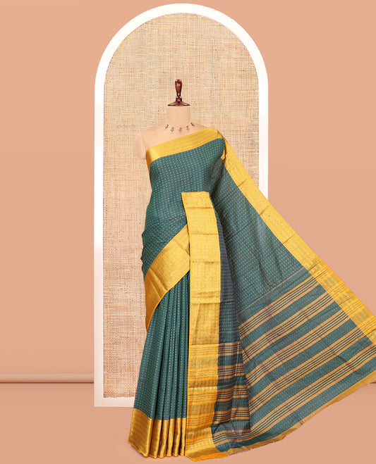 Green-Yellow Semi-Soft Silk Saree, Adorned with Plus-Shaped Buttas, Complemented by a Contrast Border, Striped Pallu, and a Contrast Blouse