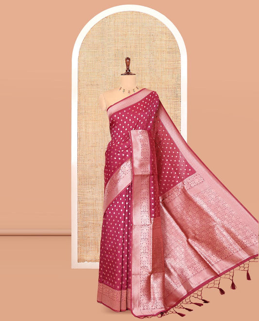 Deep Maroon Elite Soft Silk Saree, Elevated with Rudraksham Zari Buttas, Traditional Zari Border, Rich Pallu, and a Matching Blouse