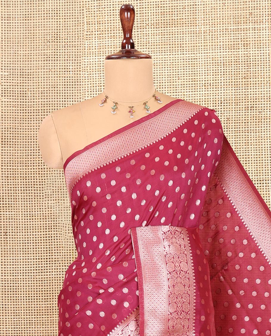 Deep Maroon Elite Soft Silk Saree, Elevated with Rudraksham Zari Buttas, Traditional Zari Border, Rich Pallu, and a Matching Blouse