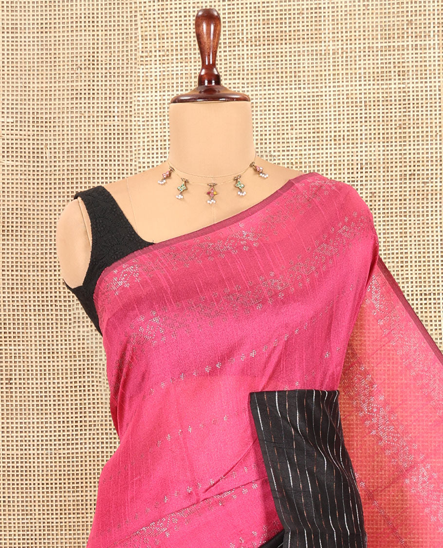 Rani Pink Semi-Raw Silk Saree, Sparsely Woven with Zari Designs, a Contrast Striped Border, Striped Pallu, and a Contrast Blouse