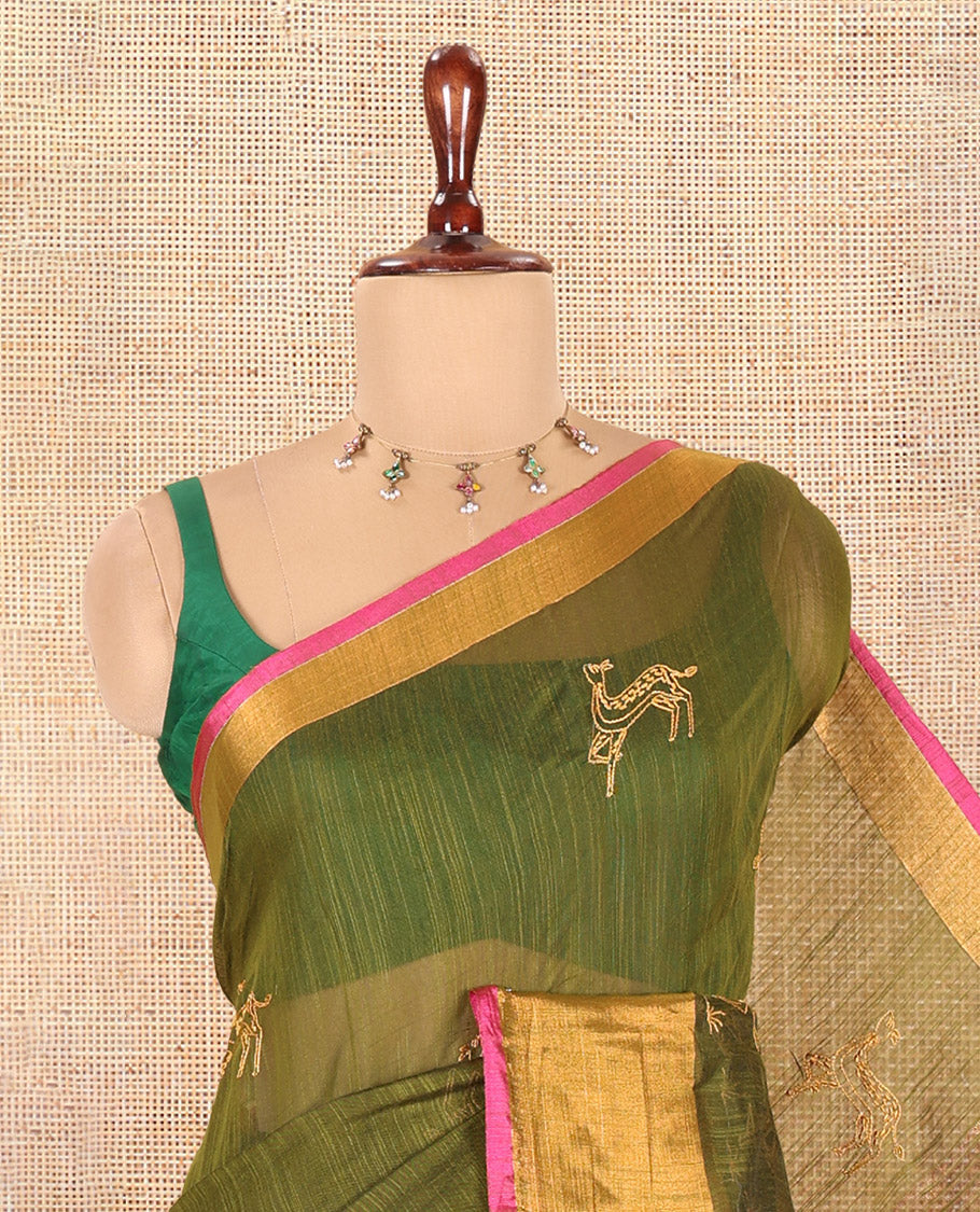 Olive Green Linen Cotton Saree