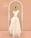 Cream Semi-Banarasi Half-Saree Featuring Zari Buttas Skirt, Traditional Zari Border, Matching Blouse, Zari Buttas Dhavani