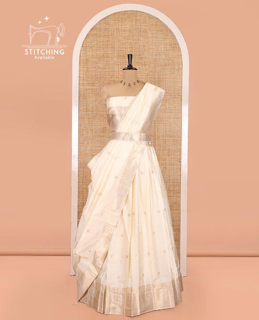 Cream Semi-Banarasi Half-Saree Featuring Zari Buttas Skirt, Traditional Zari Border, Matching Blouse, Zari Buttas Dhavani