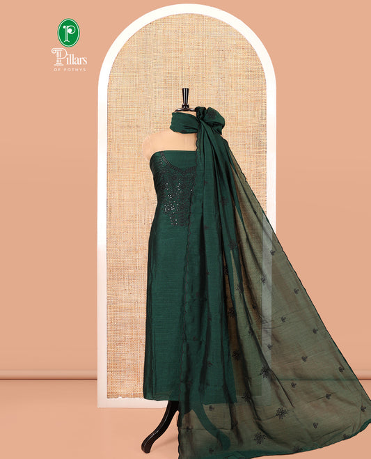Bottle Green Vichitra Silk Material Chudidar Set Featuring Sequins-Thread-Embroidered Top, a Santoon Bottom, and a Matching Scallop-Embroidery Dupatta