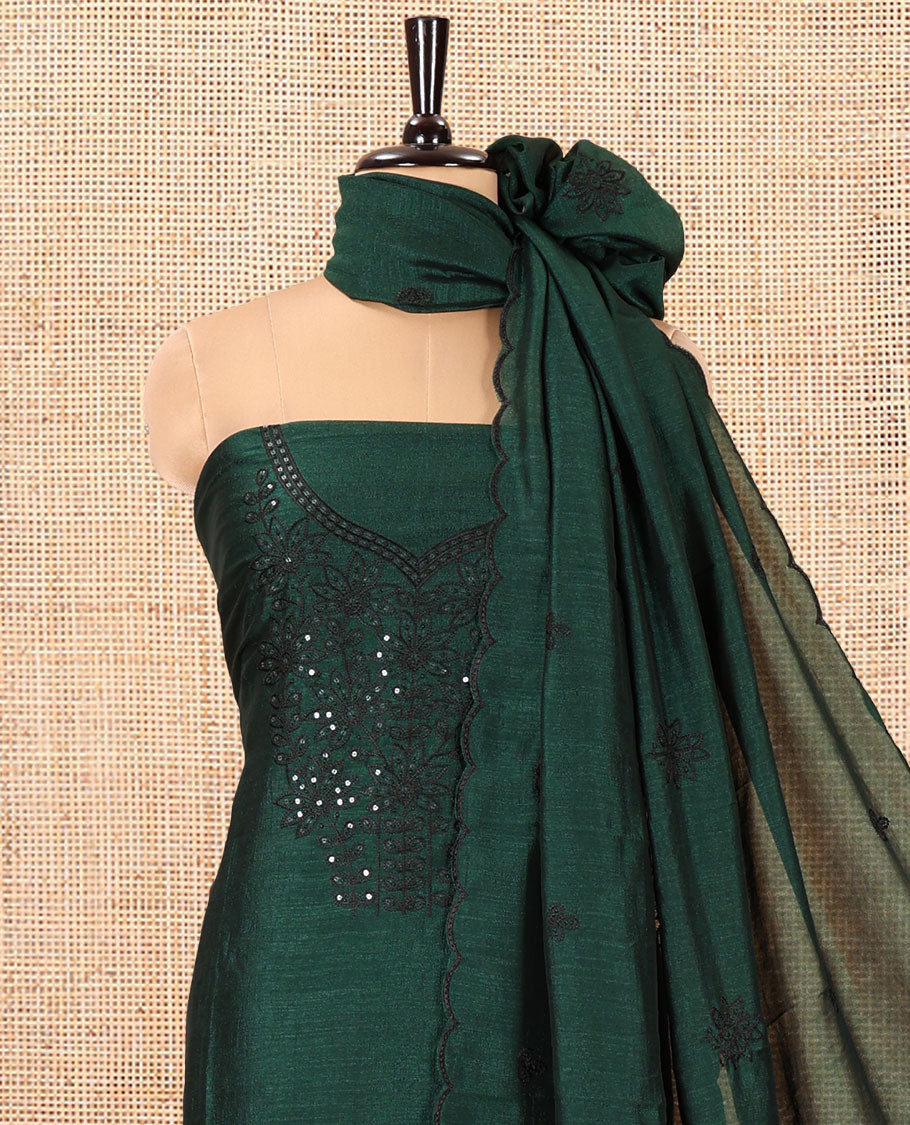 Bottle Green Vichitra Silk Material Chudidar Set Featuring Sequins-Thread-Embroidered Top, a Santoon Bottom, and a Matching Scallop-Embroidery Dupatta