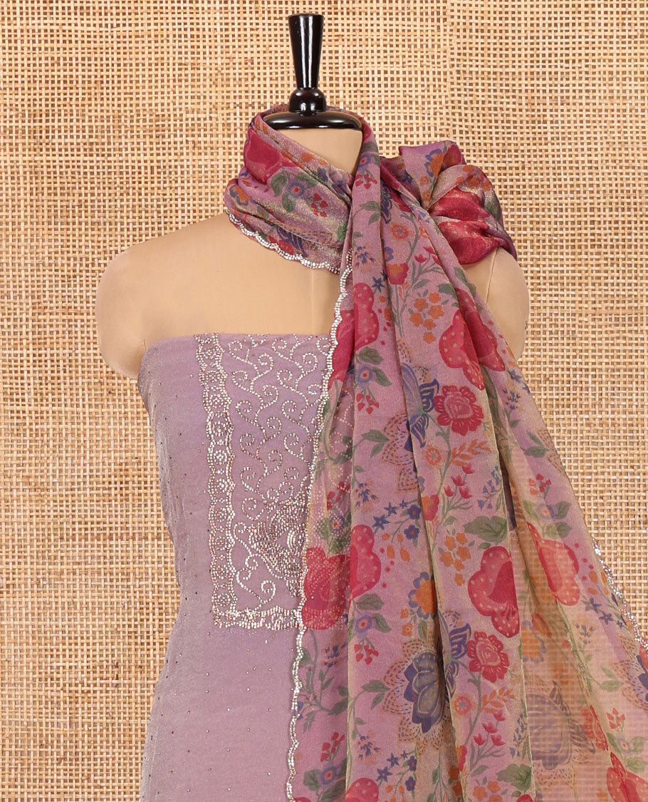 Lavender Moss Organza Material Chudidar Set, Finely Crafted with Stonework Top, a Plain Bottom, and Floral Printed Scallop-Stonework Bordered Dupatta