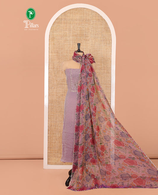 Lavender Moss Organza Material Chudidar Set, Finely Crafted with Stonework Top, a Plain Bottom, and Floral Printed Scallop-Stonework Bordered Dupatta