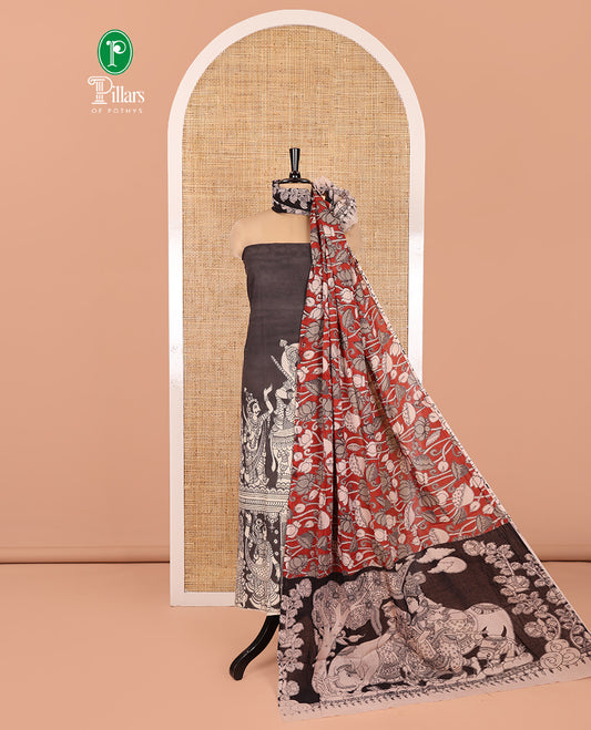 Cream-Black Cotton Material Chudidar Features Kalamkari Ancient Humans Printed Top, Contrast Bottom, Kalamkari Dupatta