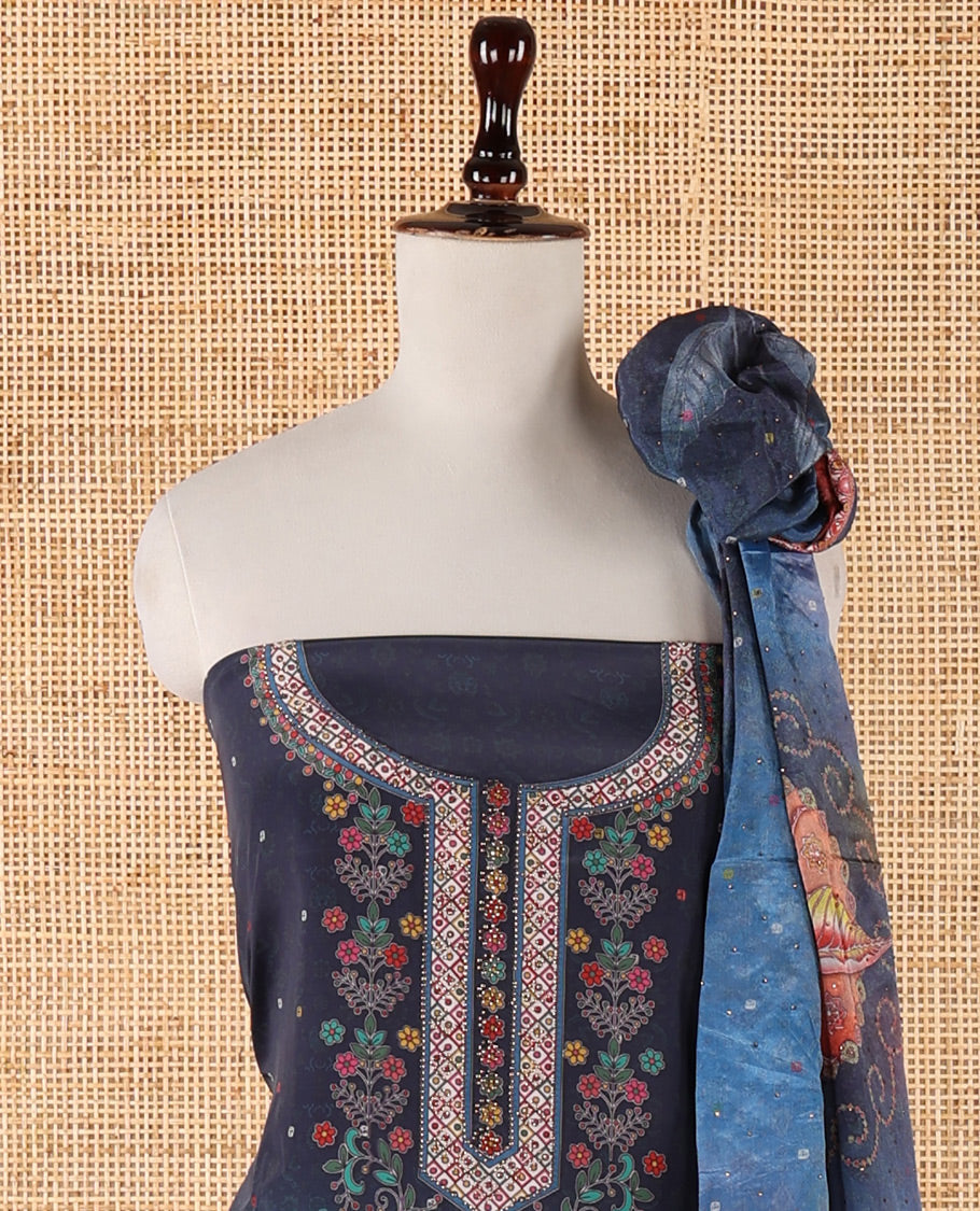 Peacock blue chudidar material set, double-shaded daman flower design print with stone work crepe top, leaf motif print & lace work kaleidoscopic-colored chinon dupatta & plain crepe bottom