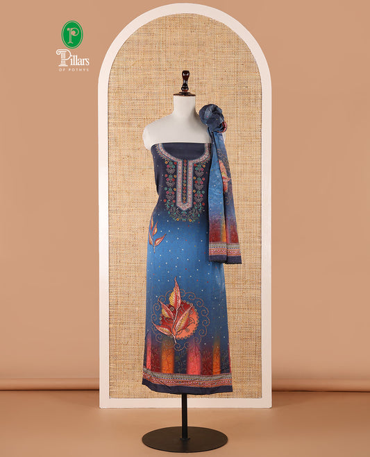Peacock blue chudidar material set, double-shaded daman flower design print with stone work crepe top, leaf motif print & lace work kaleidoscopic-colored chinon dupatta & plain crepe bottom