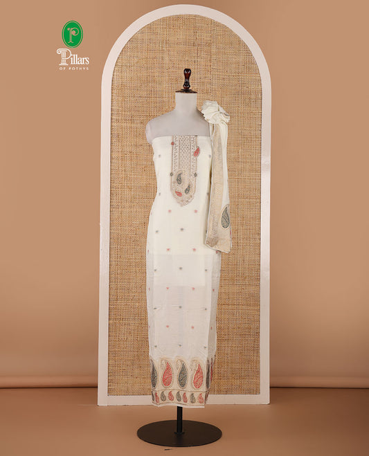 Cream banarasi mal chanderi material chudidar set,meena zari butta & zari swarovski stonework top,plain bottom & zari design dupatta
