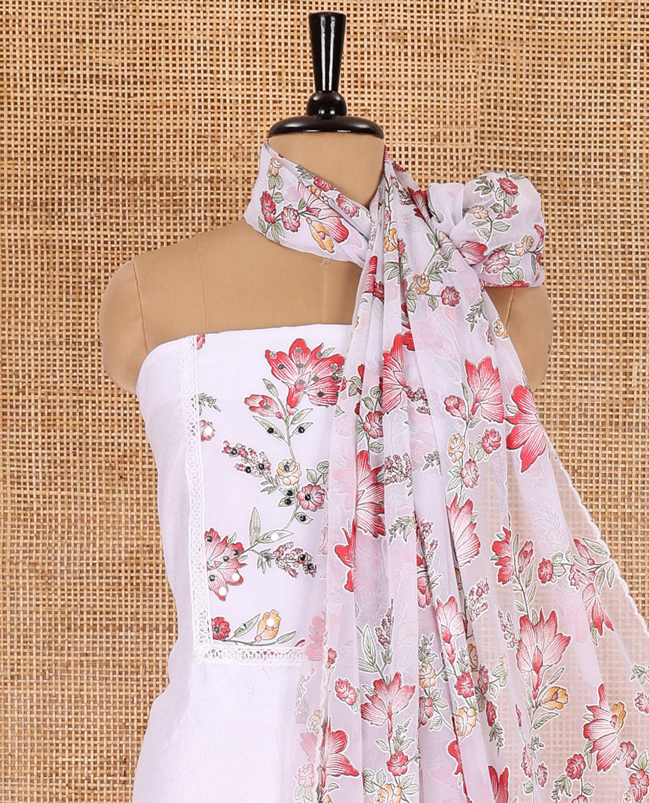 White-red material chudidar set, floral vine printed with orginal mirror work Vichitra silk top, a matching bottom, and a floral vine printed georgette dupatta