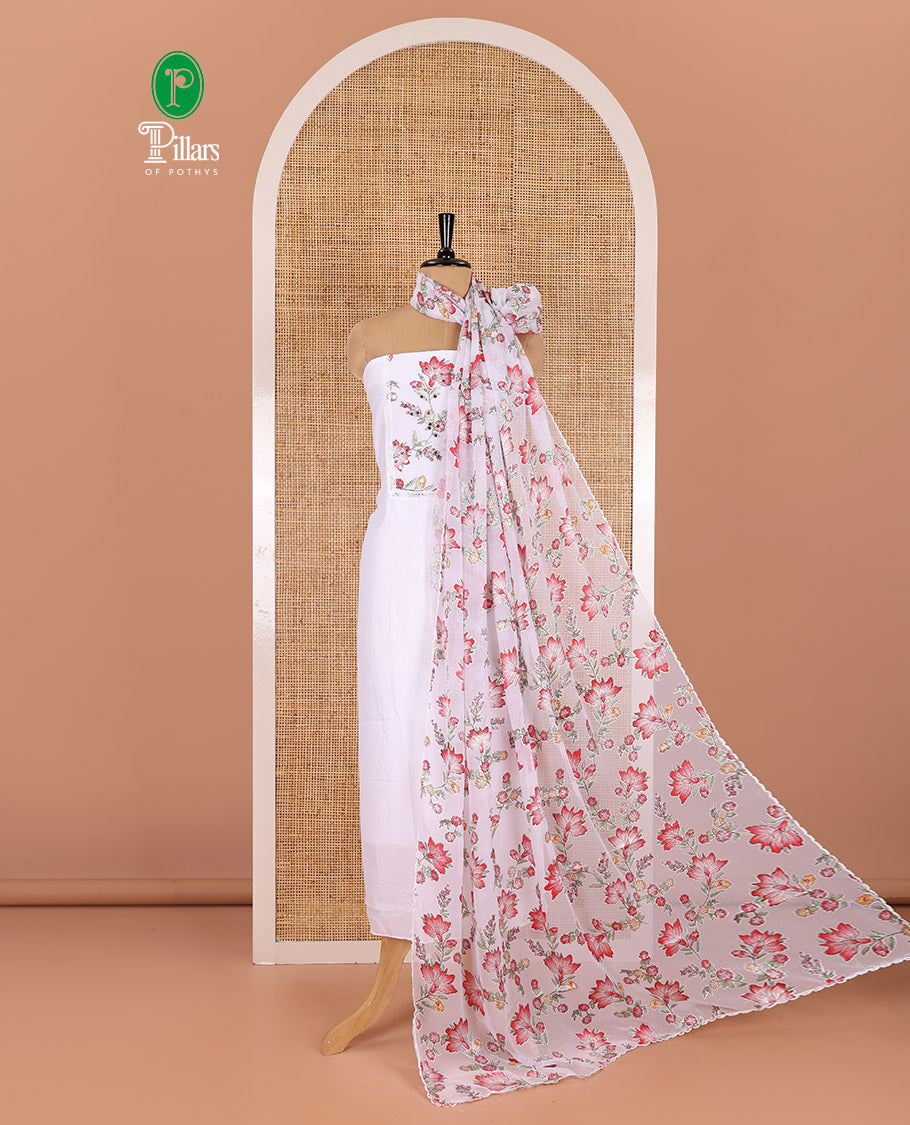 White-red material chudidar set, floral vine printed with orginal mirror work Vichitra silk top, a matching bottom, and a floral vine printed georgette dupatta