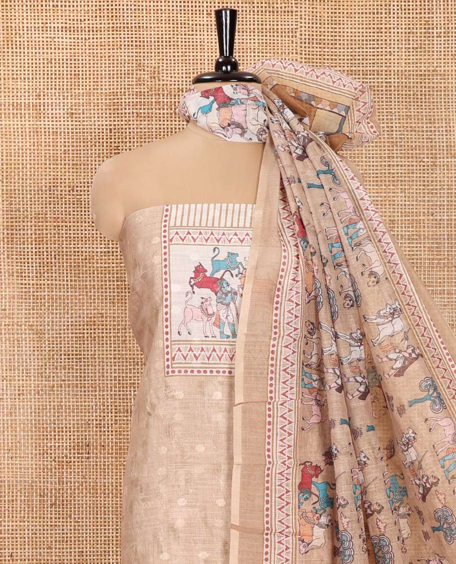 Chikku Material Churidar Set, Sparsely Woven with Buttas and Pichwai Cow Printed Semi-Linen Top, Comes with a Contrast Plain Santoon Bottom, Santoon Dupatta of Unique Pichwai and Human Figurines Print