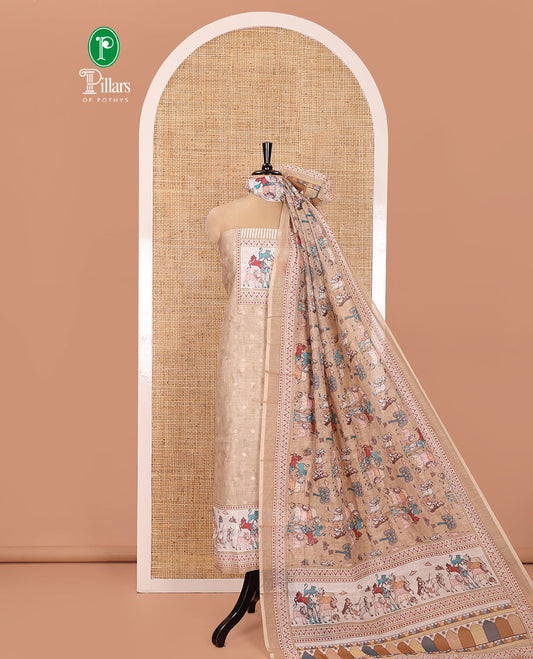Chikku Material Churidar Set, Sparsely Woven with Buttas and Pichwai Cow Printed Semi-Linen Top, Comes with a Contrast Plain Santoon Bottom, Santoon Dupatta of Unique Pichwai and Human Figurines Print