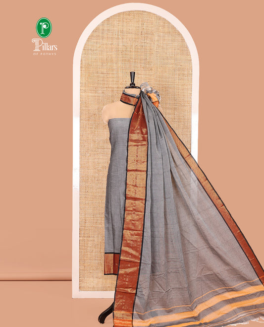 Grey Mercerised Cotton Material Churidar Set, Subtly Made with Plain and Traditional Ara Maadam Bordered Top, Comes with a Plain Mercerised Cotton Bottom, and Is Paired with a Mercerised Cotton Ara Maadam Woven Dupatta