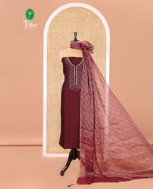 Maroon Vichitra Silk Material Churidar Set, Finely Crafted with Swarovski Stone Work and Neck Work Top, Comes with a Plain Santoon Bottom, and Is Paired with Nc Moss Organza Floral Jaal Design Dupatta