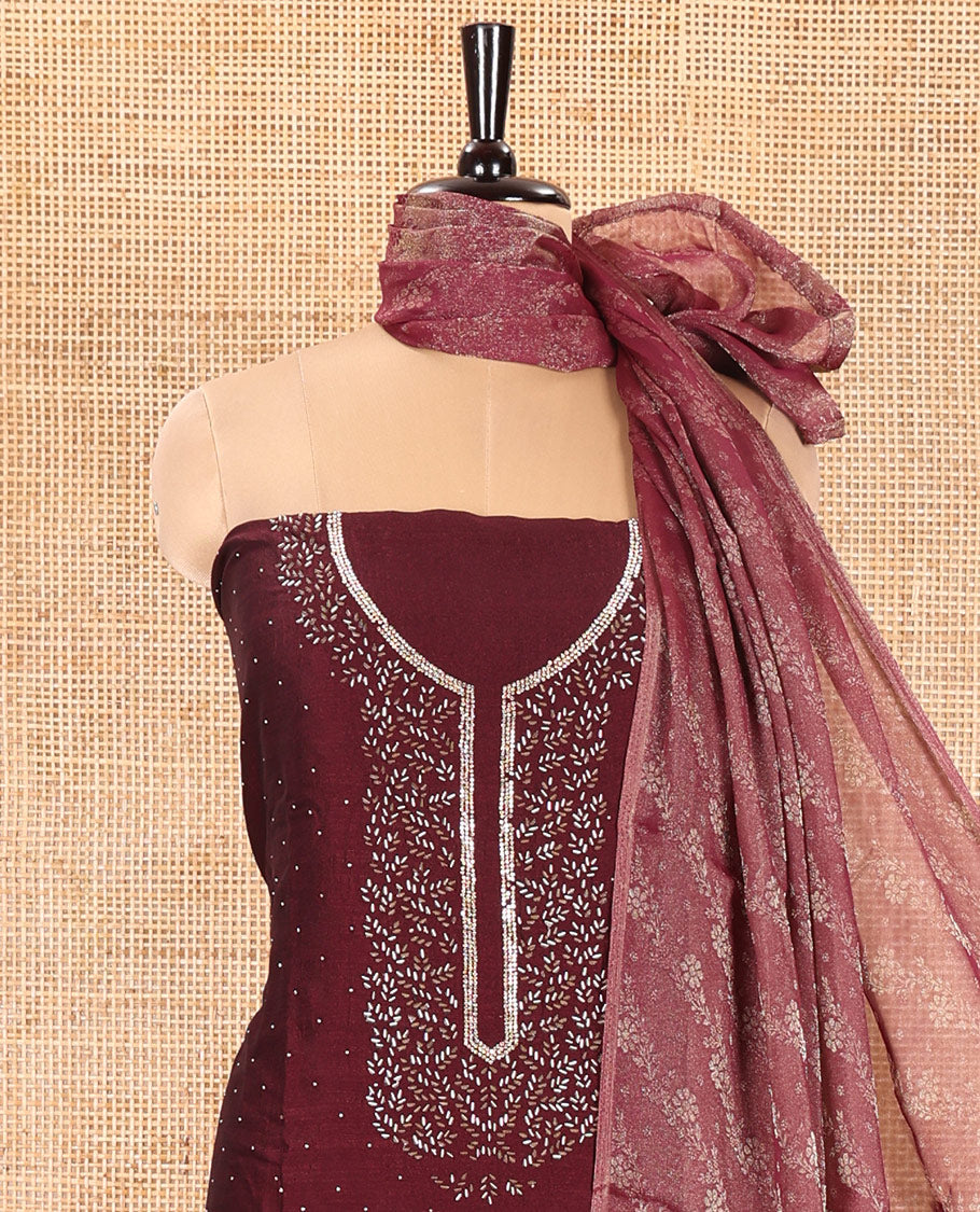 Maroon Vichitra Silk Material Churidar Set, Finely Crafted with Swarovski Stone Work and Neck Work Top, Comes with a Plain Santoon Bottom, and Is Paired with Nc Moss Organza Floral Jaal Design Dupatta