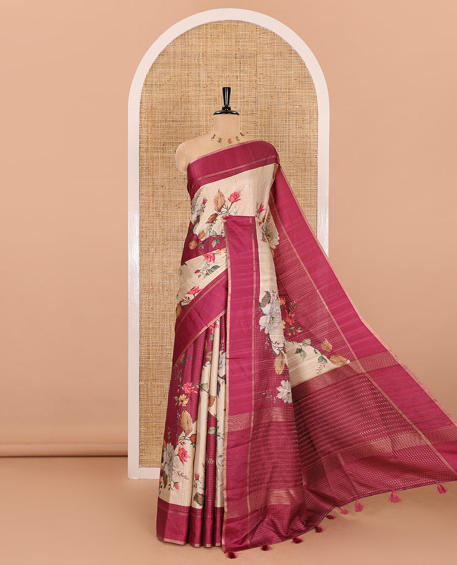 Magenta pink floral printed fancy tussar saree, contrast small zari border, and zari design pallu, and a contrast floral printed blouse