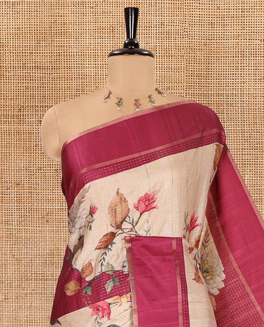 Magenta pink floral printed fancy tussar saree, contrast small zari border, and zari design pallu, and a contrast floral printed blouse