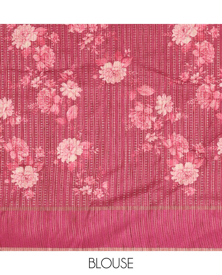 Magenta pink floral printed fancy tussar saree, contrast small zari border, and zari design pallu, and a contrast floral printed blouse