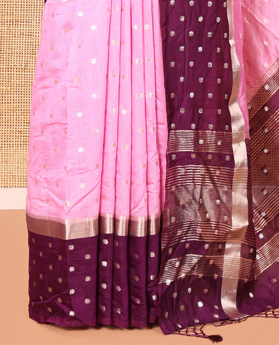 Pink Assam Silk Saree, Masterfully Woven with Zari Buttas on Its Body, Complemented by Contrast Border Steeped with Zari Buttas, Pallu Steeped with Gleaming Zari Stripes and Buttas, and Paired with a Contrast Blouse