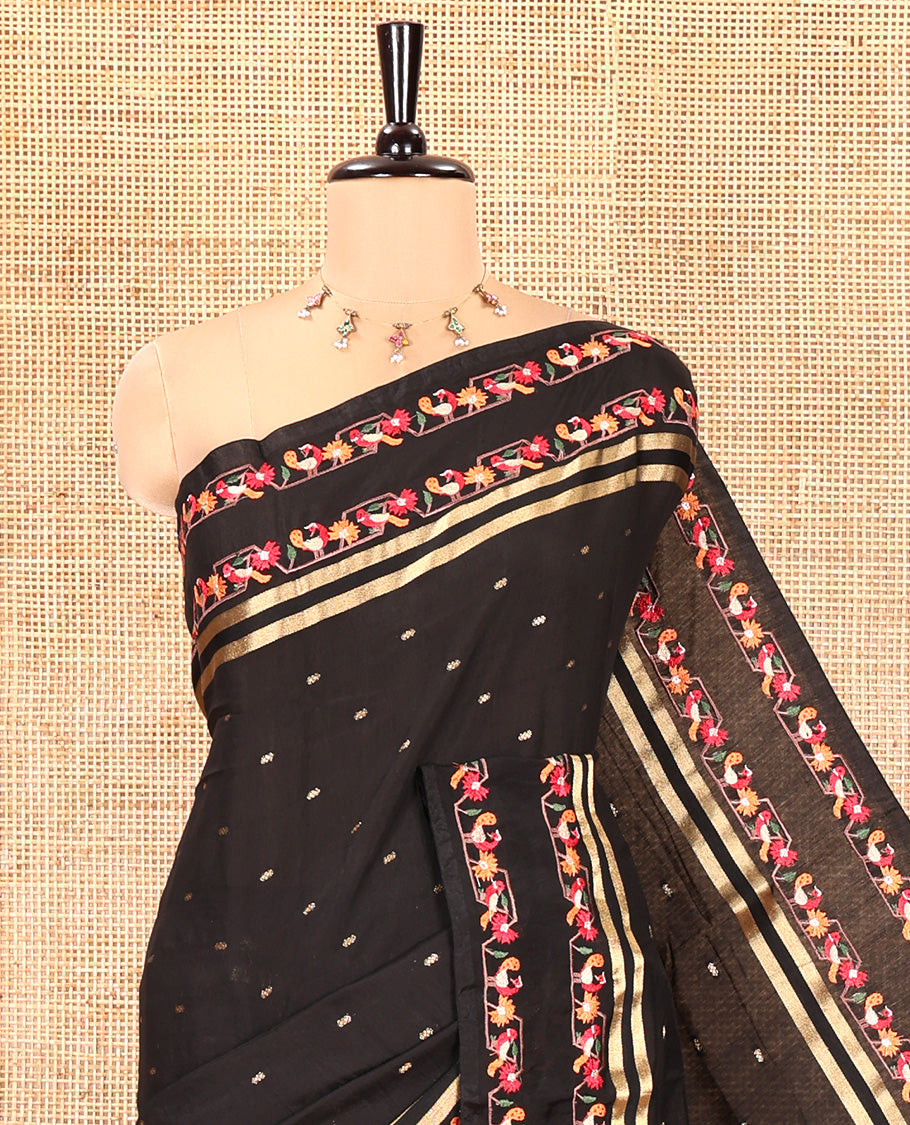 Black Assam Silk Saree, Adorned with Buttas on Its Body, Highlighted by a Self-Border of Paithani-Style Floral-Bird Motifs, Zari Striped Pallu, and Paired with a Matching Blouse