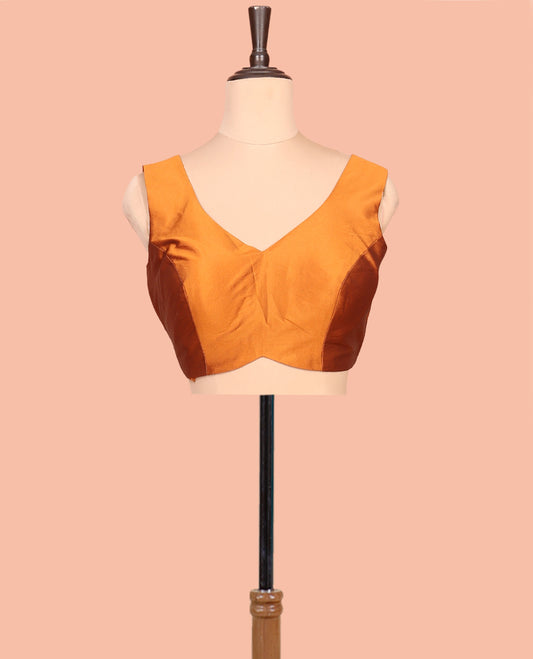 Orange Plain Readymade Blouse Featuring a Front V-Neck, Back Deep V-Neck, and Sleeveless