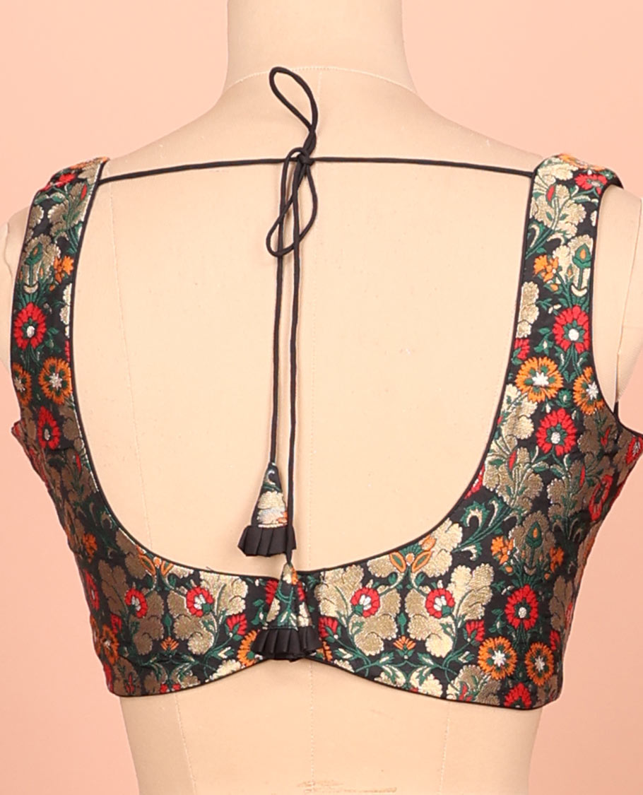 Black floral meenakari jacquard front-back V-neck sleeveless readymade blouse