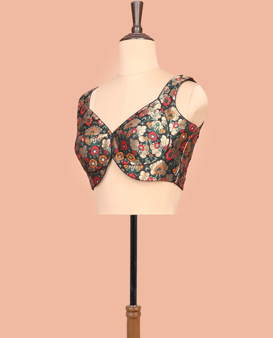 Black floral meenakari jacquard front-back V-neck sleeveless readymade blouse