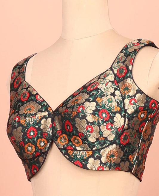 Black floral meenakari jacquard front-back V-neck sleeveless readymade blouse