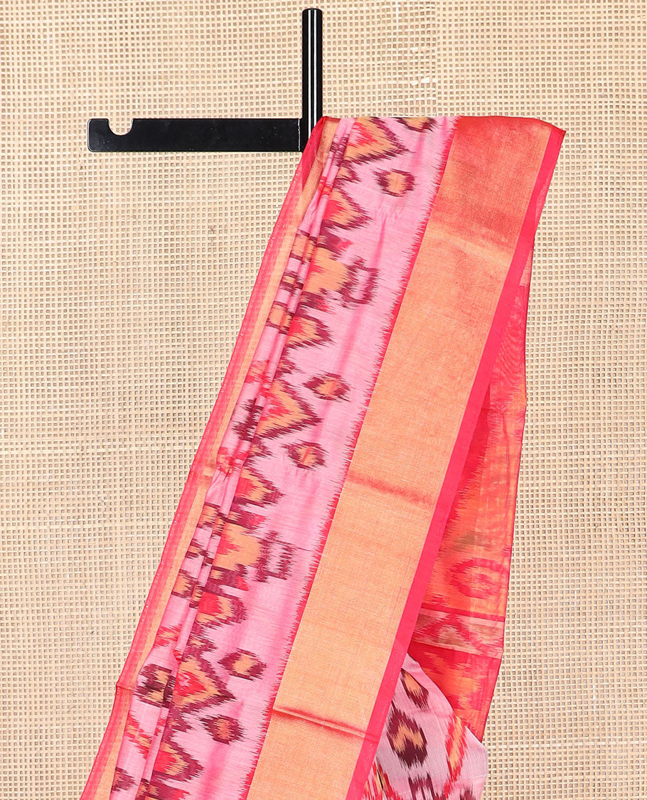 Red ikkat style geometric design silk cotton saree with contrast zari border & ikkat floral design pallu