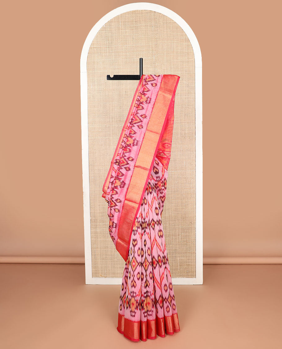 Red ikkat style geometric design silk cotton saree with contrast zari border & ikkat floral design pallu