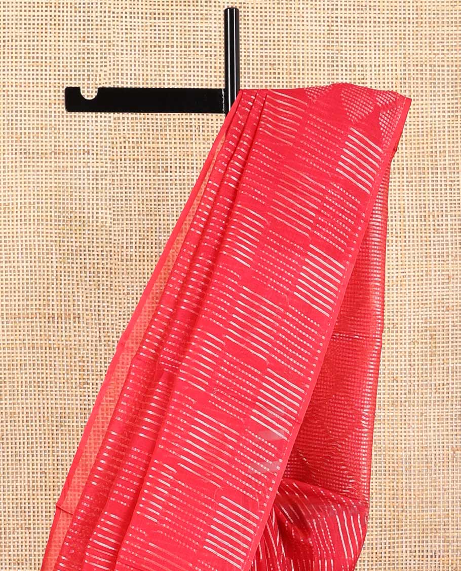 Borderless red striped silk cotton saree with geomteric design pallu
