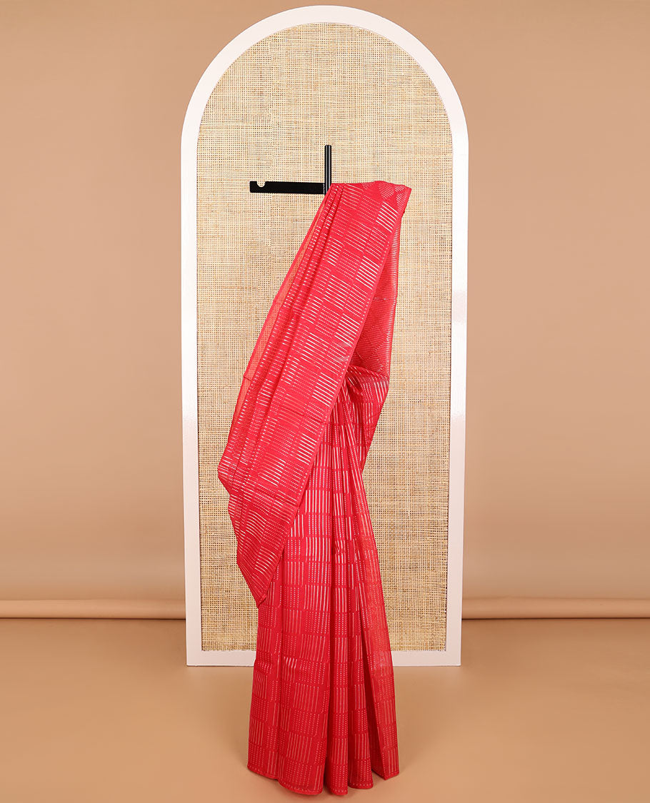 Borderless red striped silk cotton saree with geomteric design pallu