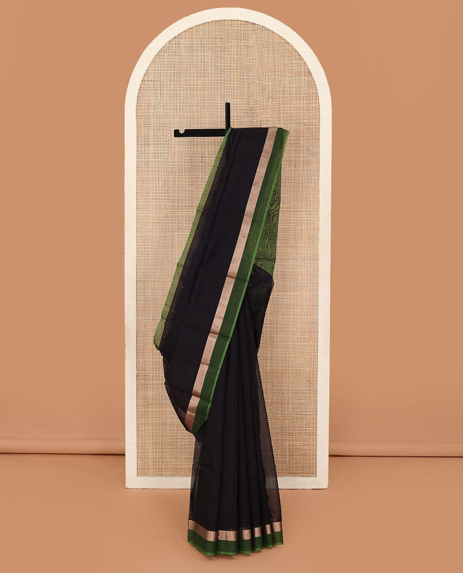 Black plain silk cotton saree, contrast zari striped border, and plain pallu