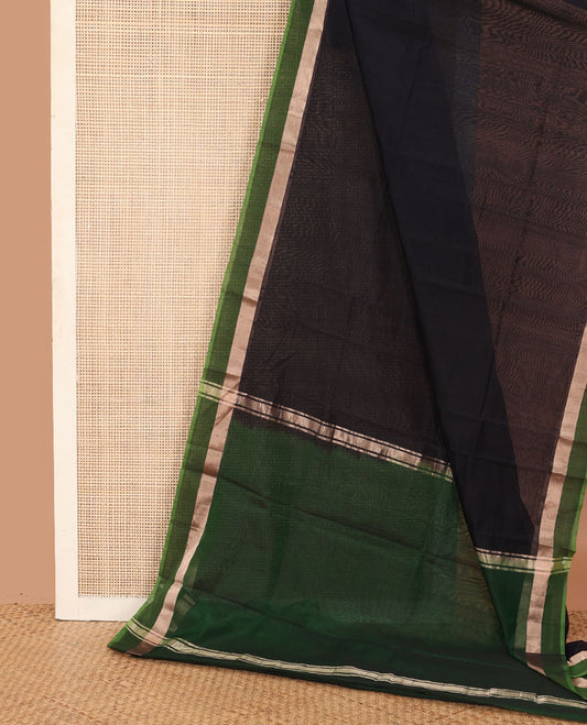 Black plain silk cotton saree, contrast zari striped border, and plain pallu