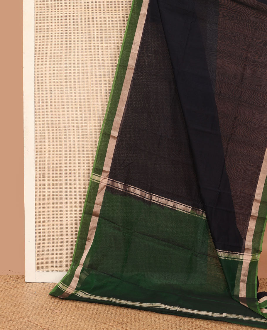 Black plain silk cotton saree, contrast zari striped border, and plain pallu