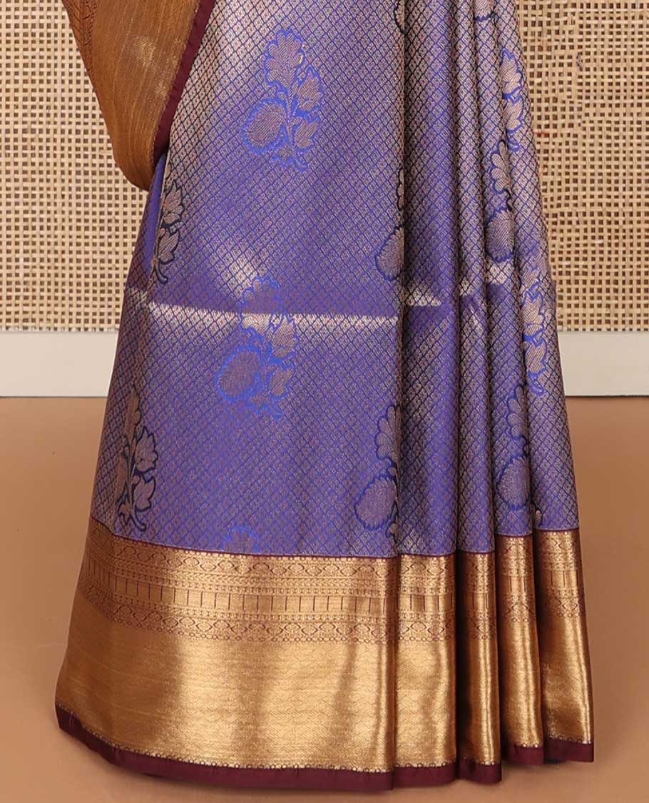 Blue checked, floral motifs soft silk saree with contrast zari design border & floral design pallu