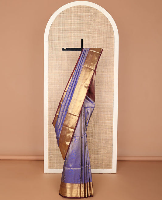 Blue checked, floral motifs soft silk saree with contrast zari design border & floral design pallu