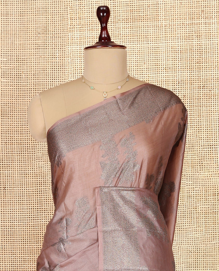 Brown Tusser Silk Saree, Enthralled with Zari Buttas, a Subtle Zari Border, Grand Pallu, and a Matching Blouse