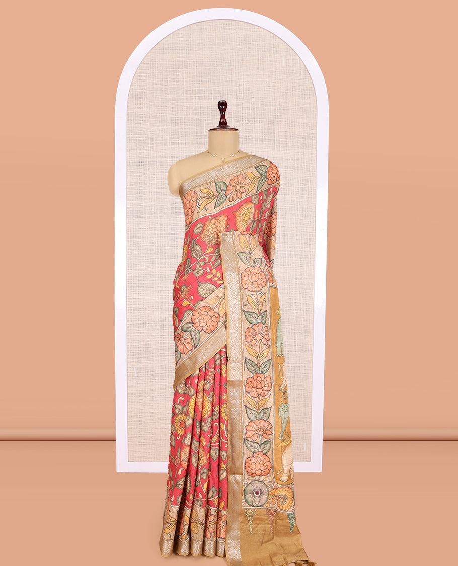 Red Kalamkari Printed Fancy Tussar Saree