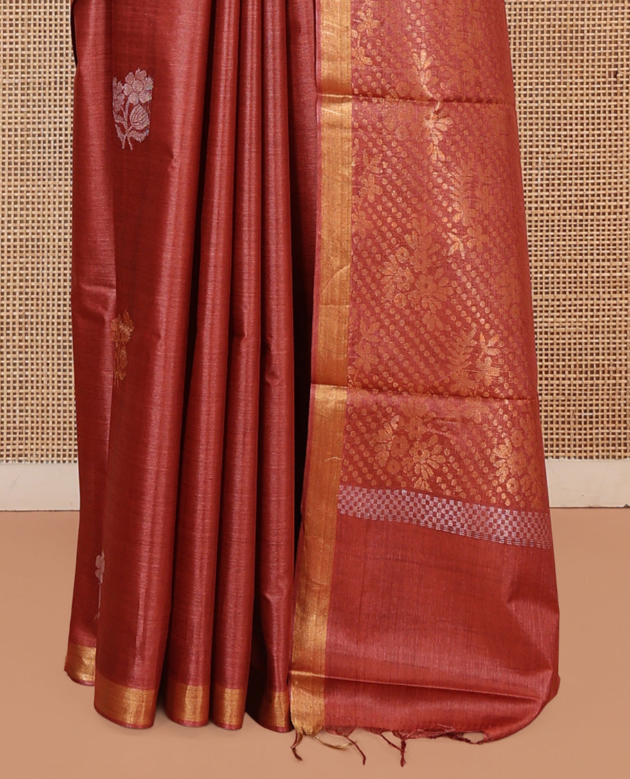 Rust Tussar Saree Featuring Floral Buttas, a Subtle Zari Border, Pallu of Polka Dot and Floral Designs, and a Matching Blouse