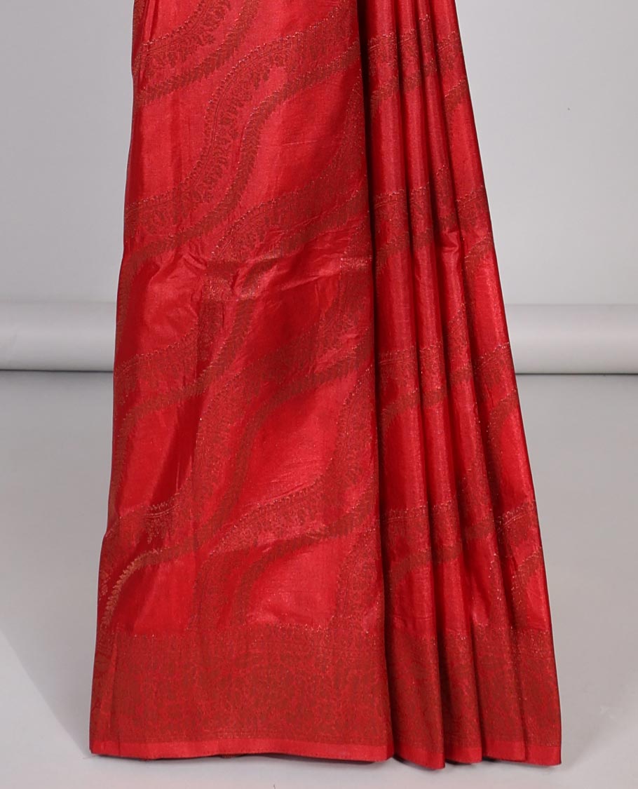 Red striped semi- banaras tussar saree with self zari  border & intricate zari ogee design pallu