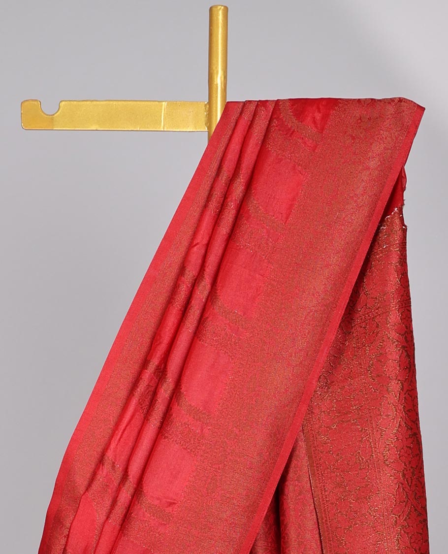 Red striped semi- banaras tussar saree with self zari  border & intricate zari ogee design pallu
