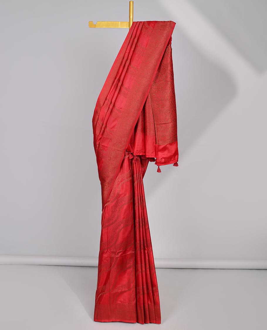 Red striped semi- banaras tussar saree with self zari  border & intricate zari ogee design pallu
