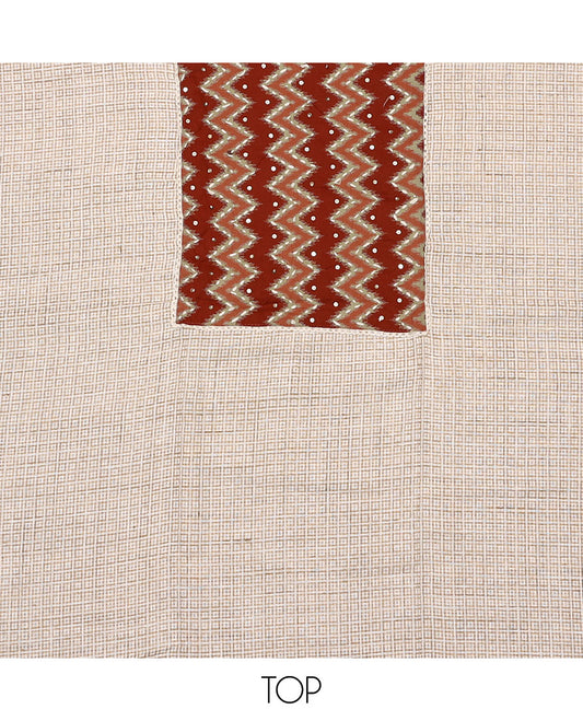 Sandal and red color material chudidar set, checks with neck ikkat embroidered top, plain bottom, and floral and chevron printed dupatta