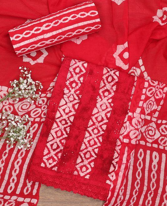 Red chudidhar material set geometric batik printed with embroidery top , batik printed bottom & geometric batik printed dupatta
