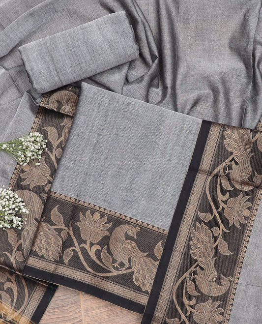 Grey floral, peacock design chudidhar material top with plain bottom & plain, zari design border dupatta
