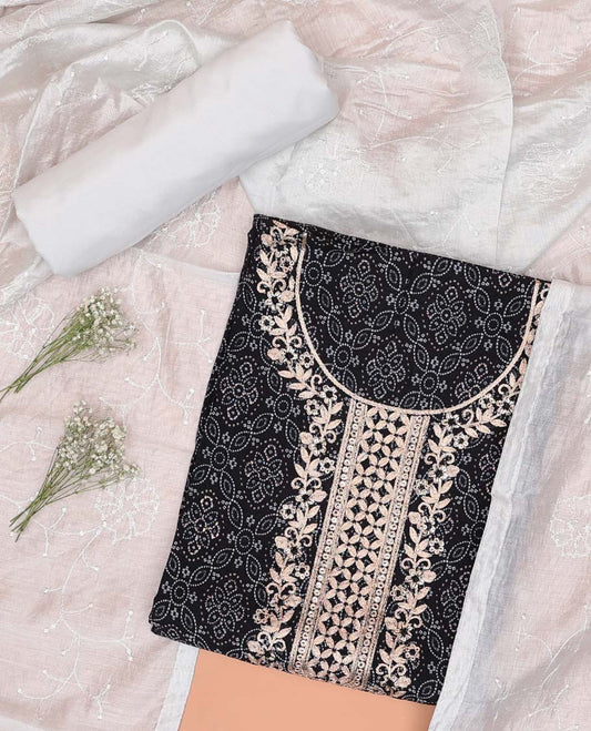 Black floral printed chudidhar material set floral thread embroidered with sequins top, plain bottom & sequins embroidered dupatta